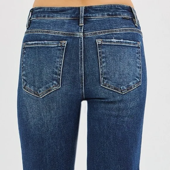 RISEN High-Rise Waist Distressed Patch Knee Straight Leg Pants Ankle Denim Jeans - Picture 8 of 16